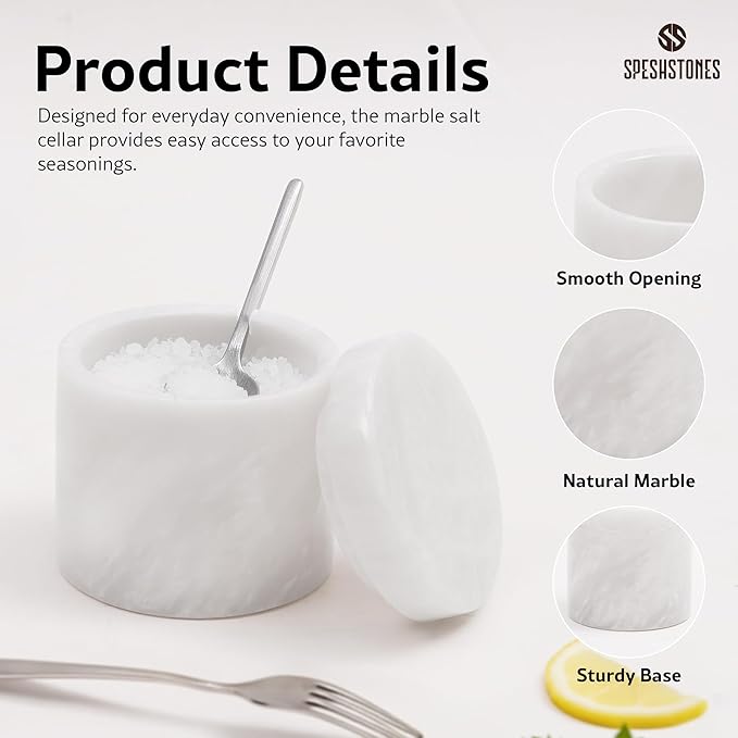 White Marble Salt Cellar 3 Inch Handmade Stone Salt Containers for Countertop, 5.2 oz Sugar Jar with Lid and Spoon, Salt Bowl, Marble Salt Holder to Store Spice, Table & Flaky Salt