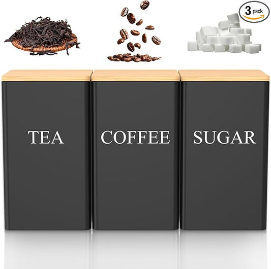 3 Pcs Coffee Tea Sugar Container Set, 1000 ML Metal Teas and Coffee Canisters Set with Bamboo Lids, Black Canisters Sets for Kitchen,Food Storage Container Jars for Kitchen Counter Storage (Black)