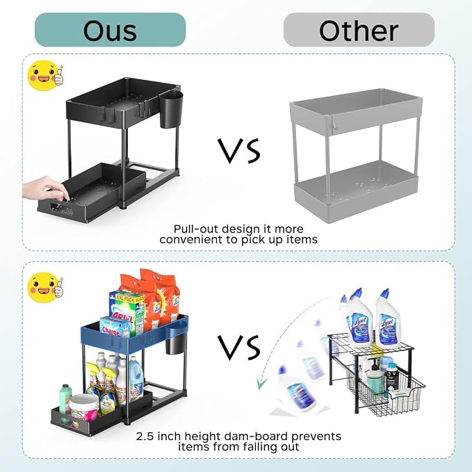2 Pack Under Sink Organizer, Kitchen and Bathroom Under Sink Organizers and Storage with Pull out Bottom Drawer, Strong Built More Storage Multi-Purpose Organizer with Cups and Hooks