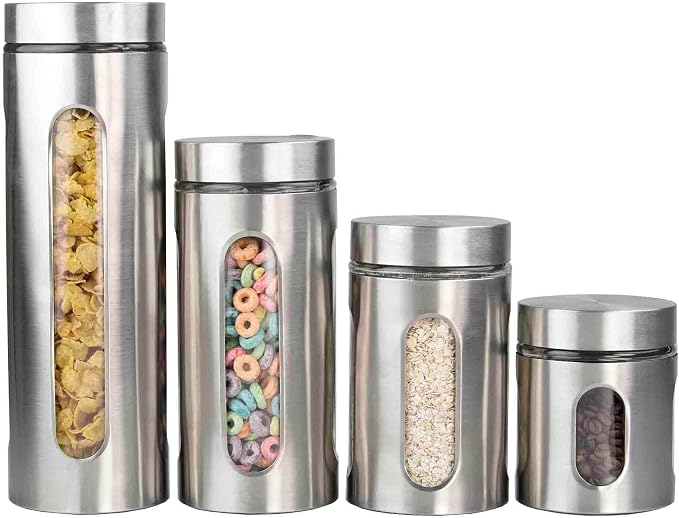Kitchen Canisters By Home Basics | Retro-Styled For Kitchen Counter | Stainless Steel and Glass | With See-Through Windows (Silver), 4 Pieces, For Flour, Coffee, Sugar, and Dry Ingredients