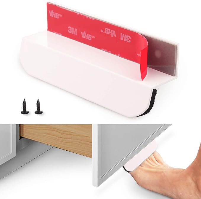 RVPEKUPE 1-Pack Under Cabinet Foot Pull with Adhesive and Screws, Hands Free Toe Foot Pull Opener for Kitchen Trash Cabinet Drawer, 4 Inch (White)