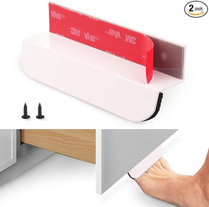 RVPEKUPE 2-Pack Under Cabinet Foot Pull with Adhesive and Screws, Hands Free Toe Foot Pull Opener for Kitchen Trash Cabinet Drawer, 4 Inch (White)