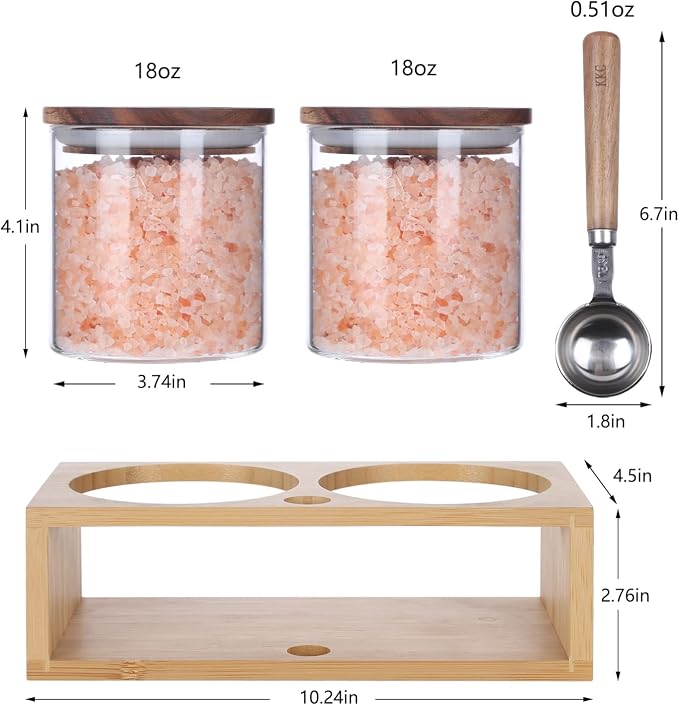 KKC Glass Coffee Containers with Wood Lids - 2 Pack 18oz (550ml) Airtight Espresso Canisters with Holder Stand and 1 TBSP Spoon - Small Coffee Bar Countertop Decor Accessories, Tea Storage Jar Set