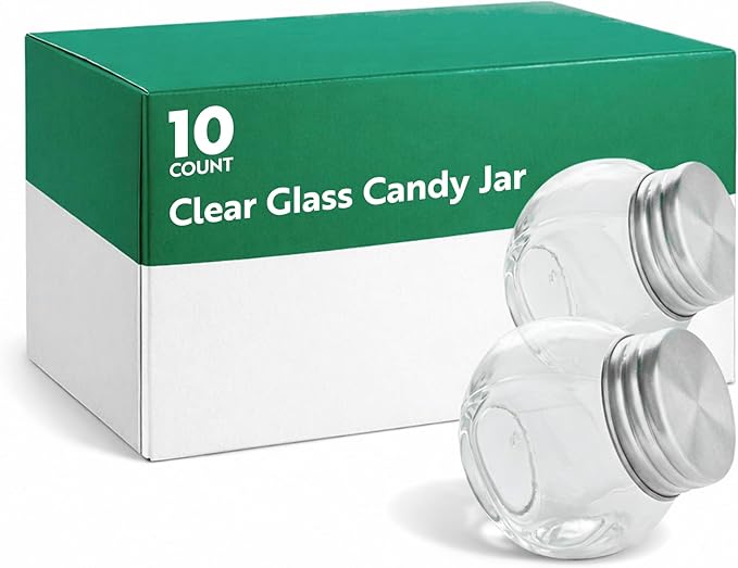 Restaurantware Vetri 2 Ounce Mini Favor Jars, 10 Durable Candy Jars - With Wide Spout, Chrome Lid, Clear Glass Candy Jars, Dishwashable