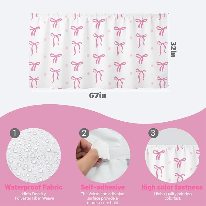 Pink Bow Sink Skirt for Preppy Bathroom Decor, Self Stick Adhesive Waterproof Fabric, Coquettecute Under Sink Curtain Skirt, Pedestal Sink Accessories Decor,