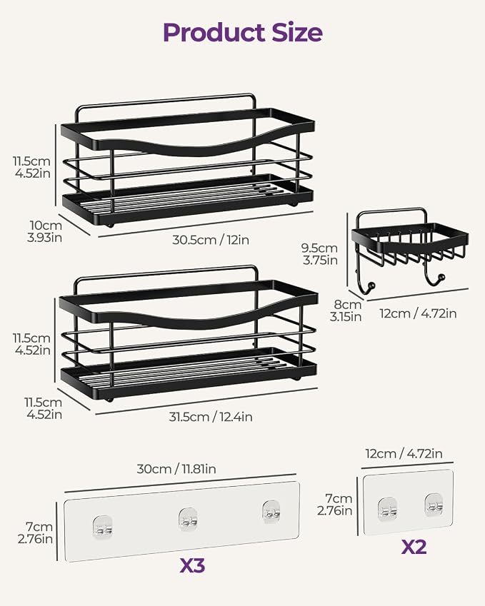 ODesign Shower Caddy 3 Pack-Shower Organizer Shelves Rack Rustproof SUS304 Stainless Steel for Bathroom Storage&Kitchen-No Drilling Adhesive Shower Caddy Shelf with 4 Hooks Suction Cup-Black