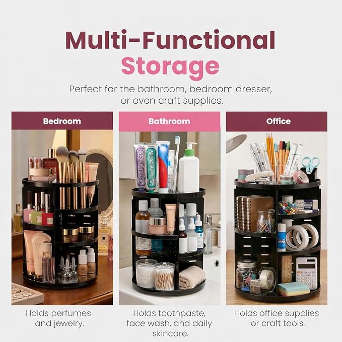360 Rotating Makeup Organizer - Adjustable Shelf Height and Fully Rotatable. The Perfect Cosmetic Organizer for Bedroom Dresser or Vanity Countertop. (Black)