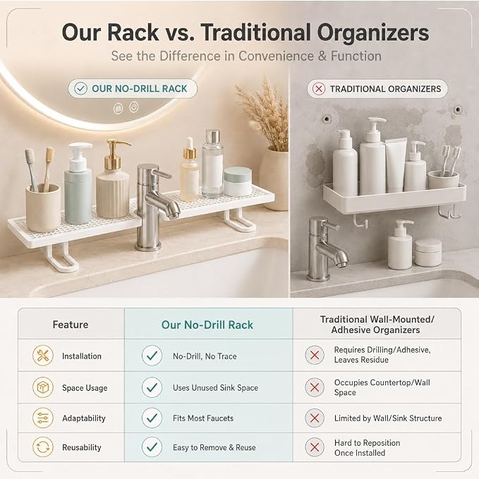 Behind the Faucet Organizer, No-Drill Over the Sink Shelf Bathroom, Multifunctional Steel Storage Rack, Space Saving Sink Organizer Shelf for Kitchen Bathroom Faucet Back Storage Arrangement