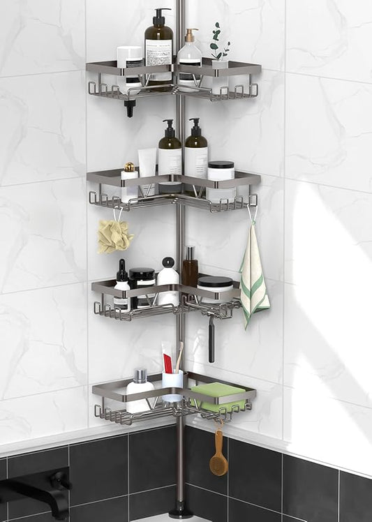 KEGII Corner Shower Caddy Tension Pole with Soap Dish & Razor Holder, Adjustable Bathroom Organizer with Hooks, 25-114.2 Inch Rustproof Storage Shelf for Renters & Apartments, Gunmetal Gray