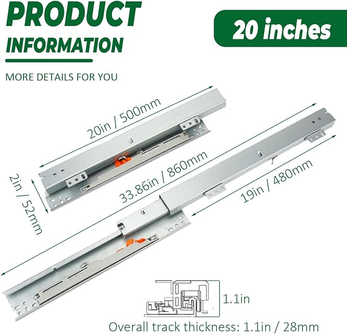 1 Pair 20" Undermount Drawer Slides, Soft Close Bottom Mount Pull Out Shelf Slider Full Extension Invisible Base Mount Drawer Slies for Cabinet Tray Kitchen Pantry Drawer