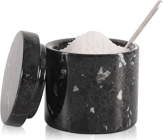 Marble Salt Cellar 3 Inch Black Table Salt Containers for Countertop - Sugar Bowl With Lid, Salt Holder, Spice Jars, Salt Box for Seasoning Storage Container, Salt Dish for Kitchen Decor