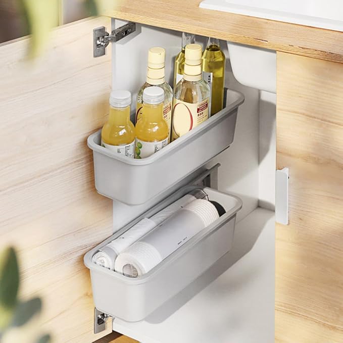 BESPORTBLE Pull-out Storage Organizer Bin with Self-adhesive No-drill Mount, Gray Plastic Wall-mounted Cabinet and Bathroom Storage Holder Rack for Cosmetic and Kitchen Use