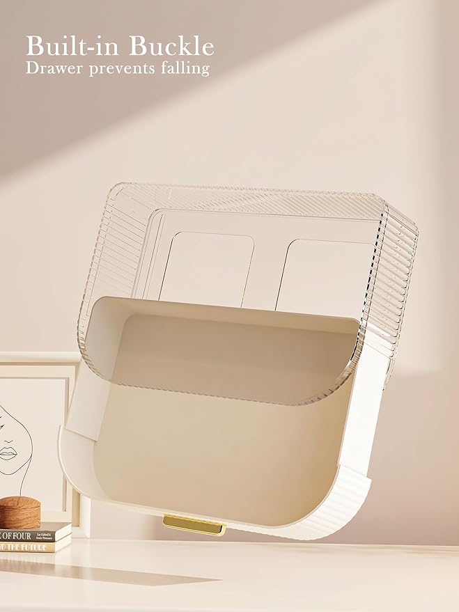 360° Rotating Makeup Organizer with Drawer, Clear Acrylic Cosmetic Storage Display, Stackable Beauty Counter (Clear, Large (Tray + 1 Drawer))