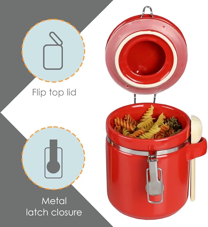 Canister Sets For The Kitchen (4 Piece Set) Red, High Gloss Ceramic | By Home Basics | Decorative | With Wooden Spoons, Countertop Set For Flour, Sugar, Coffee, and Snacks