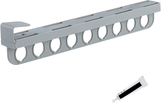 Closet Valet Rod Slide Out, Plastic Pull Out Pants Rack with 9 Holes, No-Drill Space-Saving Organizer, Top Mount Telescopic Pants Rack, Grey