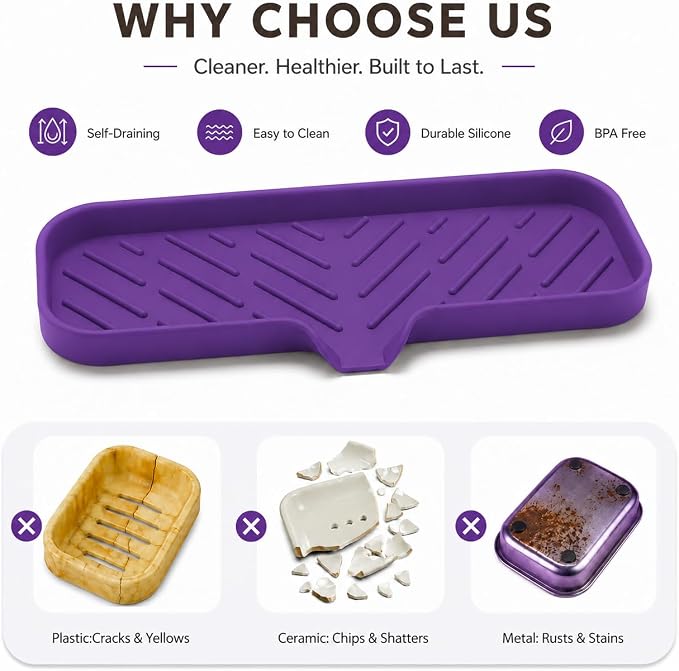 MicoYang Silicone Soap Dish with Drain Spout — Self-Draining Double Sink Organizer Tray for Kitchen & Bathroom, Dispensers, Sponges & Soap Holder, Non-Slip & Dishwasher Safe, Purple (Large, 12"×4")
