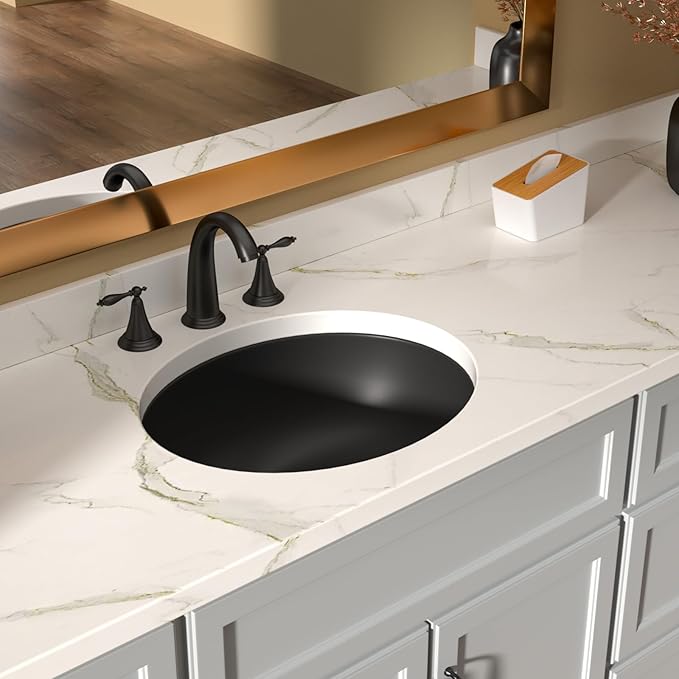Lordear Undermount Black Bathroom Sink 18x15 Inch Bathroom Vanity Sinks Undermount Round Black Porcelain Ceramic Bathroom Under Counter Lavatory Vanity Sink Basin with Overflow