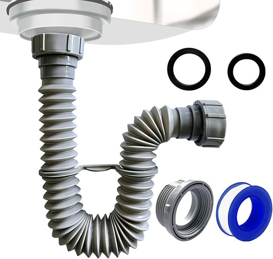 VIVIDA Sink Drain Pipe 1-1/2", Flexible Drain Pipe, 7.5"-17.7" Expandable Flexible P Trap for Bathroom and Kitchen, Under Sink Plumbing, 1-1/4" Adapter Included, Gray, 1 PACK
