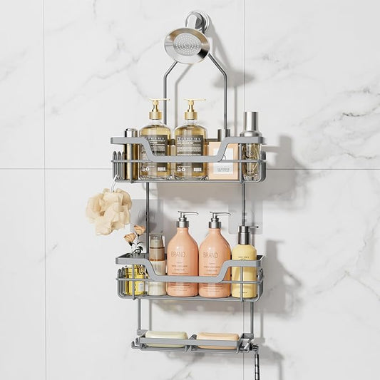 SWTYMIKI Bathroom Shower Caddy Hanging - 3 Tier Rustproof Over Shower Head Organizer, No Drilling Bathroom Shelf with 16 Hooks & Soap Holder, Anti-Swing Rack for Shampoo,Sponge,Towel, Silver, Large
