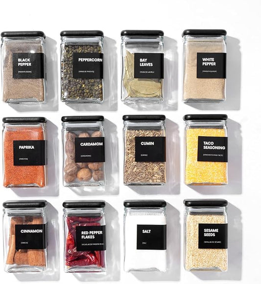 APT 1101 Glass Storage Jars with Bamboo Lid, glass canisters with airtight lids, Clear jars with lids for Spice, Cookie, Candy, Tea, Coffee Bean and Rice (Black, 4oz, set of 12)