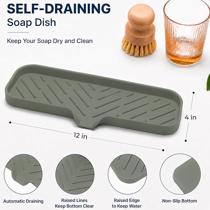 MicoYang Silicone Soap Dish with Drain Spout — Self-Draining Double Sink Organizer Tray for Kitchen & Bathroom, Dispensers, Sponges & Soap Holder, Non-Slip & Dishwasher Safe, Grey (Large, 12"×4")