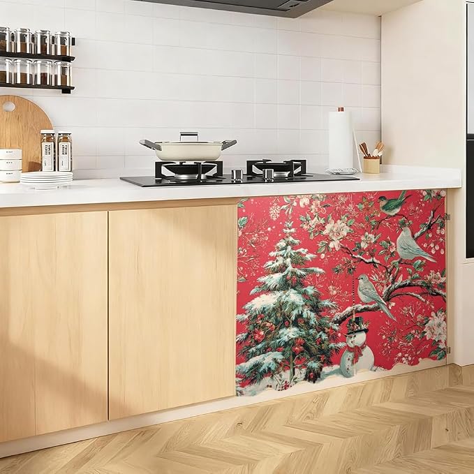 Self Adhesive Red Bird & Pine Tree Cabinet Curtain for Mother's Day, 39x28 Inch Vintage Floral Under Sink Skirt No Drill, Spring Cleaning Kitchen Decor, Hook and Loop Laundry Valance