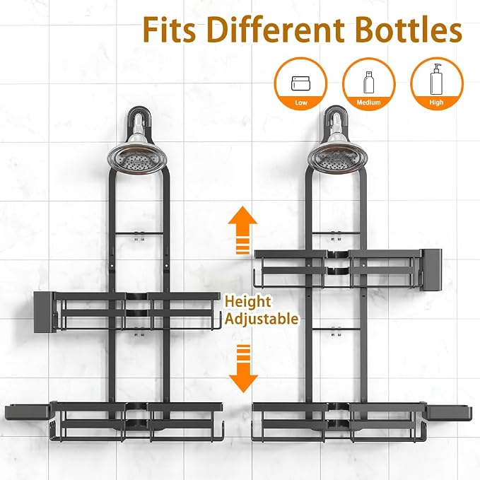 Shower Caddy Hanging for Handheld Showerhead - Rustproof Shower Organizer, 2-Tier No-Drill Over Showerhead Bathroom Shelf with Soap & Toothbrush Holder, Black