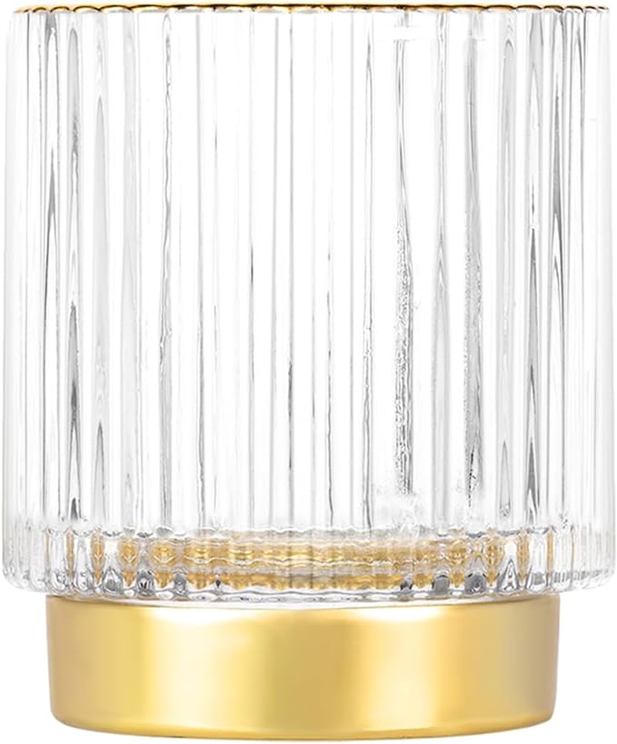 DASITON Makeup Brush holder Organizer,Crystal Cosmetic Makeup Brush Glass Brushes Storage Holder, Vintage Make Up Brush Cup Pen Pencil Holder striped vase(Clear S)