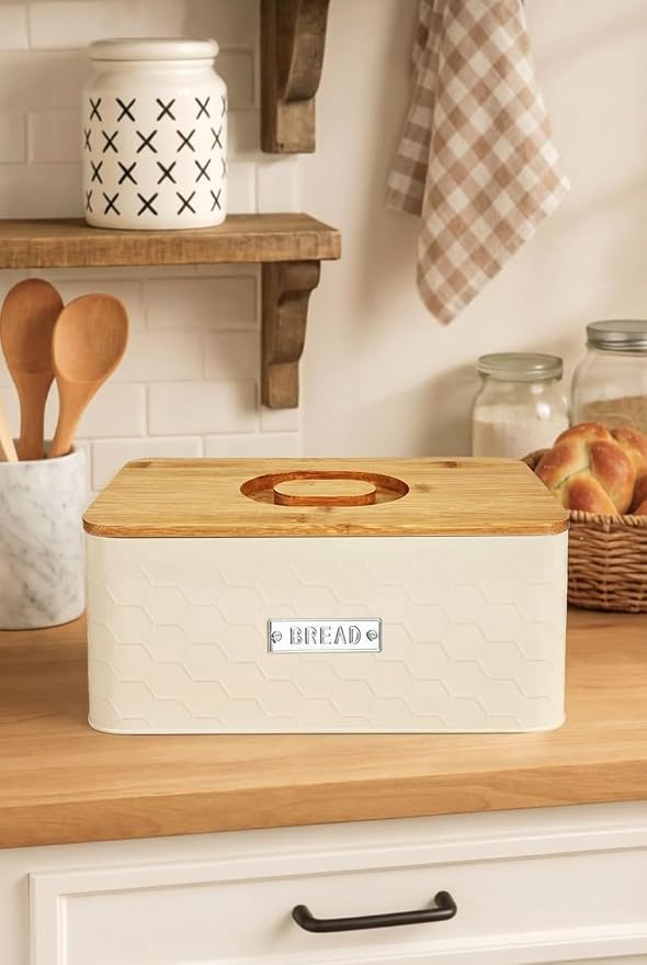 vensovo Bread Box for Countertop – Large Cream White Metal Bread Bin with Bamboo Cutting Board Lid, Farmhouse Bread Storage Container for Homemade Bread, Baked Goods & Kitchen Counter Organization