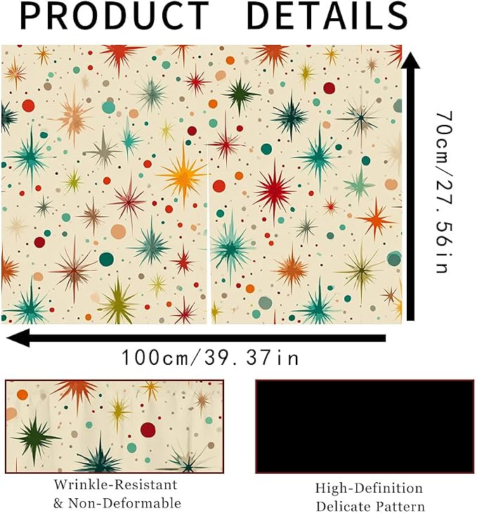 Self Adhesive Retro Starburst Cabinet Curtain for Mother's Day, 39x28 Inch Mid-Century Modern Under Sink Skirt No Drill, Spring Cleaning Kitchen Decor, Hook and Loop Valance