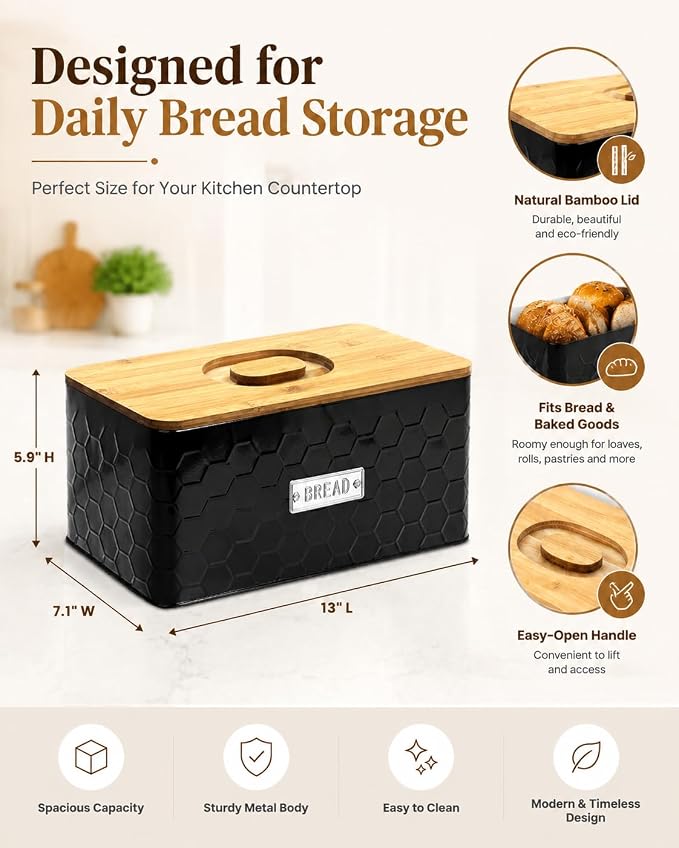 vensovo Bread Box for Countertop – Large Black Metal Bread Bin with Bamboo Cutting Board Lid, Farmhouse Bread Storage Container for Homemade Bread, Baked Goods & Kitchen Counter Organization