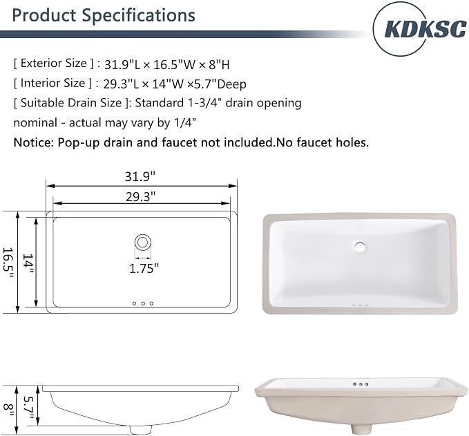 32 Inch Undermount Bathroom Sink White Ceramic Rectangular Under Counter Bathroom Sink for Cabinet Porcelain Vanity Sinks,Overflow Type (31.9"x16.5")