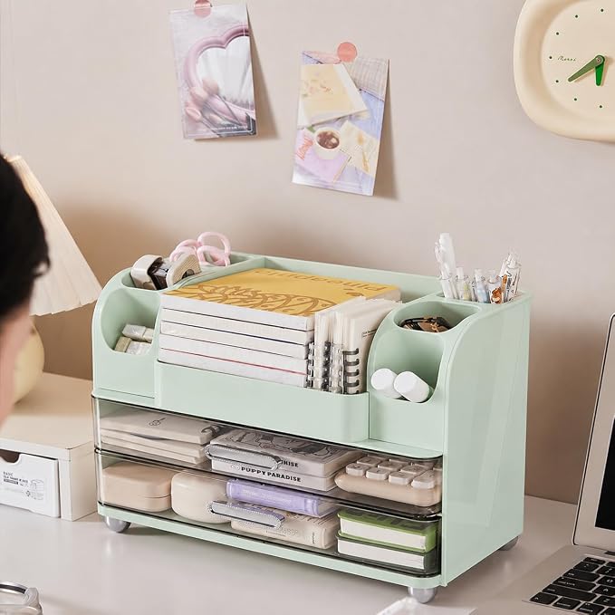 Makeup Organizer with 2 Drawers, Cosmetic Display Case, Storage Holder for Vanity, Bathroom Counter, Desk, Beauty Supplies (Green)