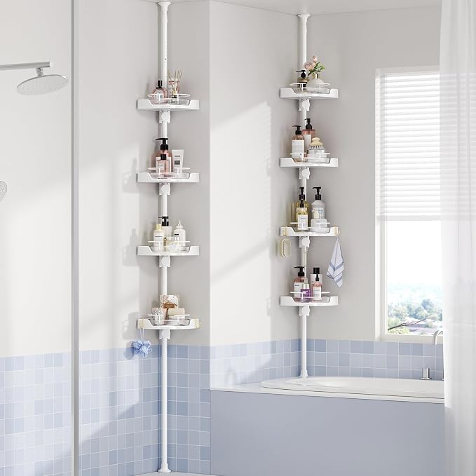 akinbas 360° Rotating Shower Caddy Tension Pole with 4-Tier Rustproof Lazy Susan 35-128 Inch No Drilling Coner Shelves Adjustable Shower Rack for Bathroom Bathtub Washbasin Plant Storage (White)