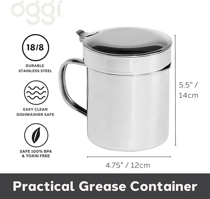 OGGI Stainless Steel Grease Container with Handle, Removable Strainer and Flip Top Lid. Perfect container for fryer oil, bacon drippings, lard and ghee oil. Can capacity - 0.25 Gall / 1 Qt / 0.95 Lt