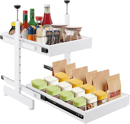 2-Tier Pull Out Cabinet Organizer, Slide Out Drawers with 2 Guide Rails, No Drill Pull Out Drawers Cabinets Shelves for Home Kitchen Pantry (White)