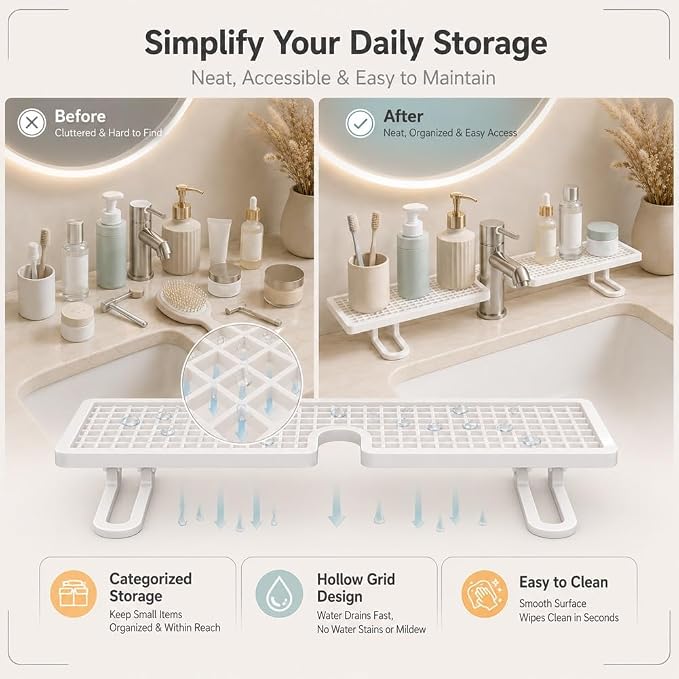 Behind the Faucet Organizer, No-Drill Over the Sink Shelf Bathroom, Multifunctional Steel Storage Rack, Space Saving Sink Organizer Shelf for Kitchen Bathroom Faucet Back Storage Arrangement