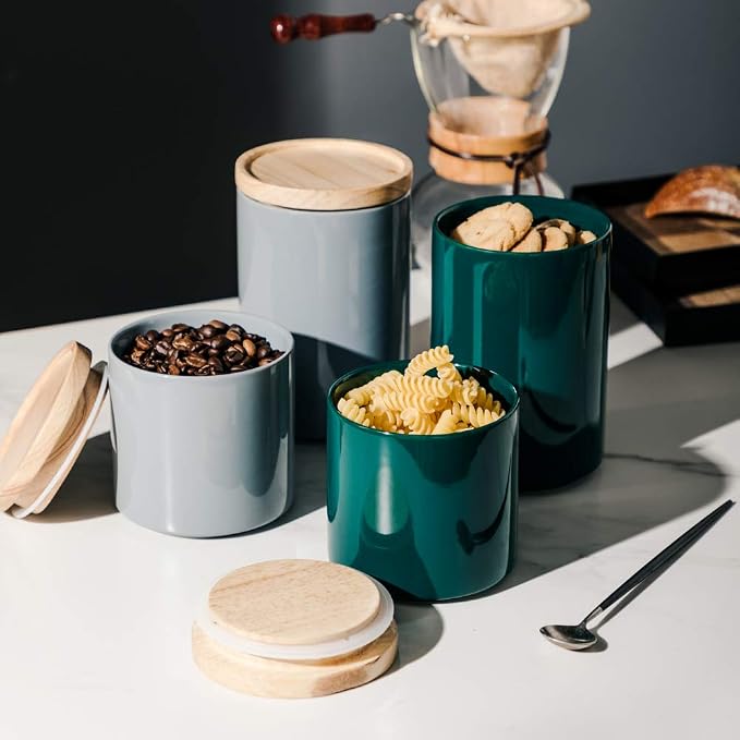 Sweejar Kitchen Canisters Ceramic Food Storage Jar, Stackable Containers with Airtight Seal Wooden Lid for Serving Ground Coffee, Tea, Sugar, Salt and More - 28 Fl Oz (Jade)