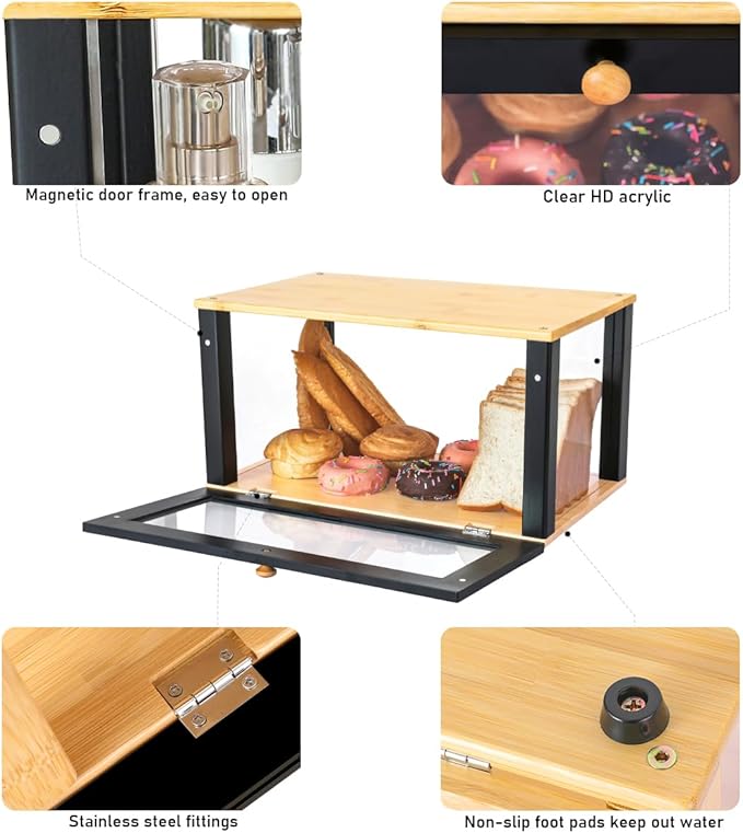 ETMI Bamboo Bread Box for Kitchen Countertop Pastry Display case kitchen Storage (black)