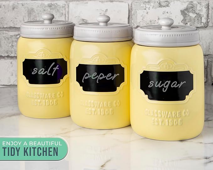 Comfify Mason Jar Ceramic Canister Set for Kitchen - Set of 3 Decorative Storage Containers with Air-Tight Lids for Coffee, Sugar - Country Style Storage w/Reusable Writable Surface - 12.85oz/Canister