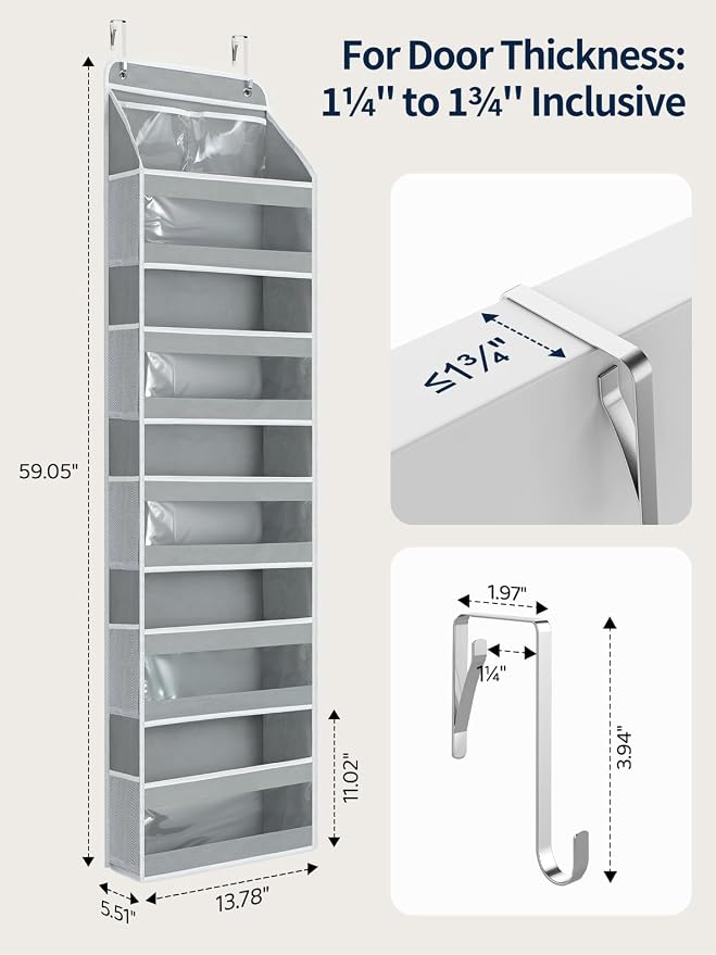 Yecaye 6 Tier Over the Door Organizer, Swing-proof Door Organizer Hanging with Clear PVC Windows, Behind the Door Storage for Bedroom Nursery Closet Laundry Pantry Bathroom, Grey