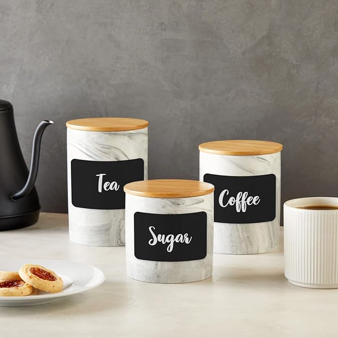 Farmlyn Creek Ceramic Jar Set - Airtight Wood Lids for Kitchen Countertop Jars - White Marble Ceramic Food Storage Containers with Lids - Coffee & Sugar Container Set - 5.9", 4.9", 3.9"