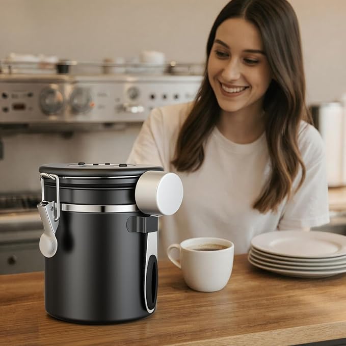 ShanSon Coffee Canister Airtight, Stainless Steel Bean Storage Container with Date Tracker & Scoop, Grounds Sugar Flour Tea Cereal Fits Kitchen Pantry, Ideal Gift for Coffee Lovers,12oz, Black