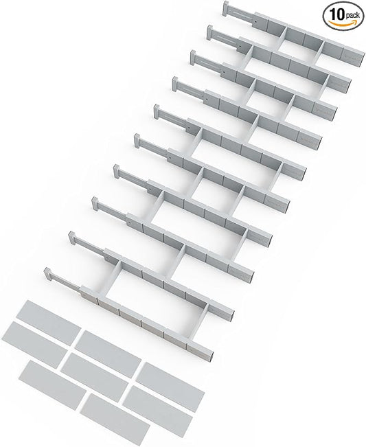 SpaceAid Bamboo Drawer Dividers with Inserts and Labels, Kitchen Adjustable Drawer Organizers, Expandable Organization for Home, Office, Dressers, 10 Dividers with 24 Inserts (17"-22" Gray)