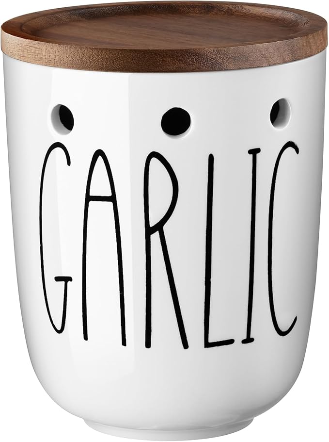 DAYYET Large Garlic Keeper for Counter, Ceramic Garlic Keeper with Acacia Wood Lid, Garlic Holder Storage Container, Garlic Saver for Kitchen, Farmhouse Kitchen Decor and Accesorries, White