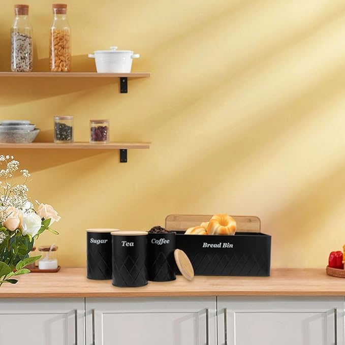 Black Bread Box for Kitchen Countertop, Coffee Tea Sugar Container with Bamboo Lid(1 Bread Bin & 3 Canisters)