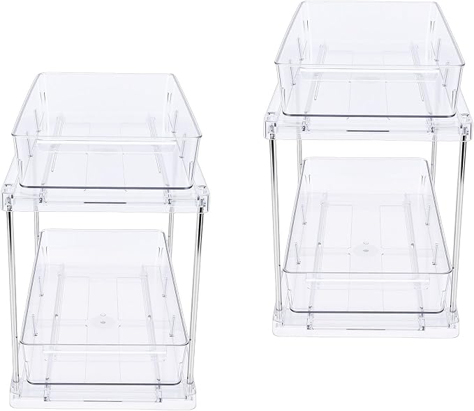 Pull Out Cabinet Organizer Drawers, 2 Tier Vertical Sliding Kitchen Rack with Clear Storage Bins for Seasonings, Easy Install No Drill Adhesive Under Counter Bathro