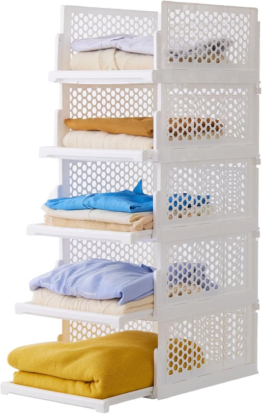 Pull-out Plastic Storage Basket,Stackable Closet Organizers Drawer Anti-Tipping, Reinforced Stable Shelf Container for Bathroom Laundry Room Storage, Space-Saving Clothes Storage (white, Large-5pcs)