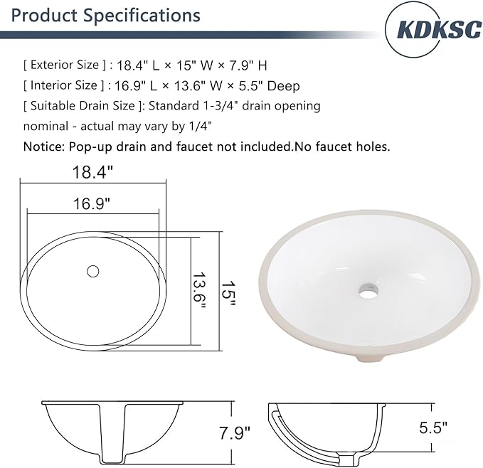 Undermount Bathroom Sink 18.4"x15" Oval Undermount Sink White Ceramic Bathroom Sinks Under Counter Basin with Overflow