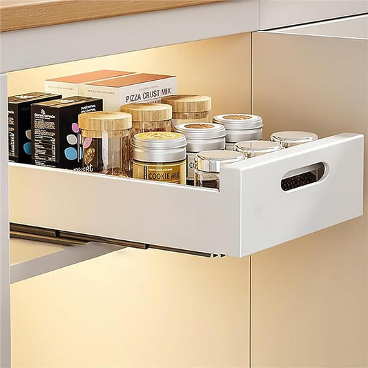 Extendable Pull Out Cabinet No Drill Sliding Drawer Space Saving Storage Solution for Kitchen Bathroom & Pantry，White 25 * 43 * 7cm